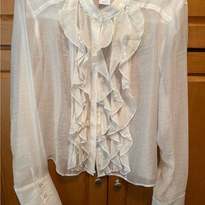 CAbi White Ruffled Long Sleeve Blouse with Bib Collar